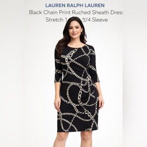 Ralph Lauren Black Chain Print Ruched Sheath Dress. Size 16 Stretch, 3/4 Sleeve